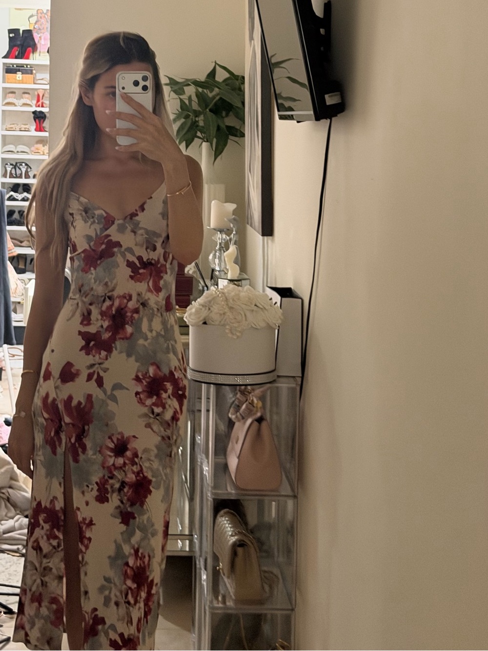Floral Slip Midi Dress in Cream and Pink